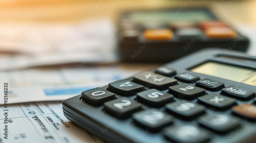 Accountant calculating finances with calculator on desk with bills and documents Accountant calculating finances with calculator on desk with bills and documents