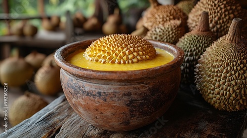 Durian curry served terracotta bowl wooden dining table rural village home scent of spices and the sound of distant chanting creating an immersive cultural experience Scientific name Durio zibethinus photo