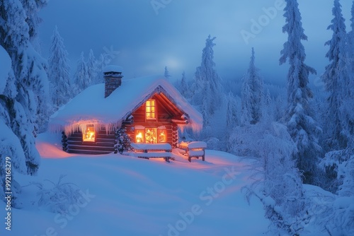 holiday cabin getaway, a warm christmas cabin set within snowy trees, glowing with light from its windows, beckoning loved ones to share the season by the fire photo