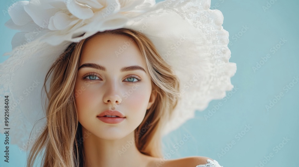 Elegant woman with floral hat against blue background Elegant woman with floral hat against blue background