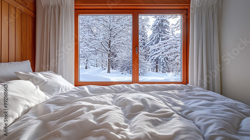 Tranquil Snow-Covered Forest View from Cozy Bedroom