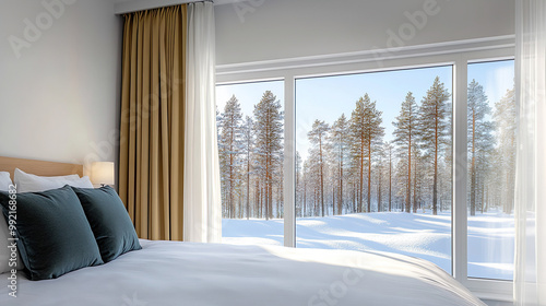 Tranquil Snow-Covered Forest View from Cozy Bedroom