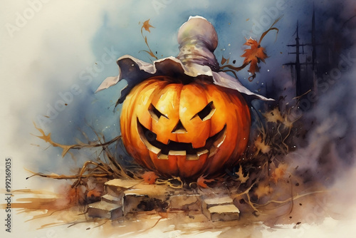 Watercolor Halloween smiling pumpkin in hat with autumn leaves. photo