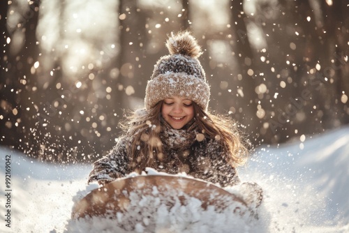 Cute smiling girl sledding down a snowy hill in a sunny winter day