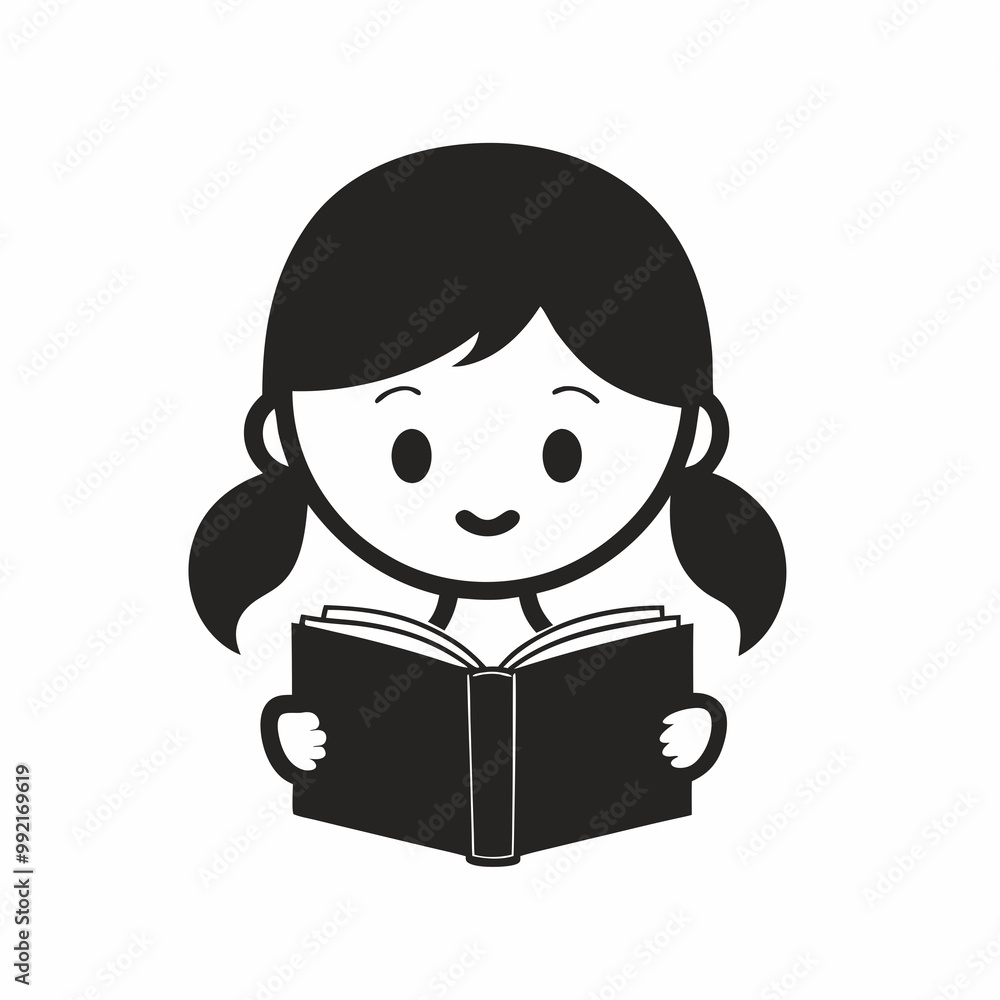 Happy little girl reading a book in black and white illustration Happy little girl reading a book in black and white illustration