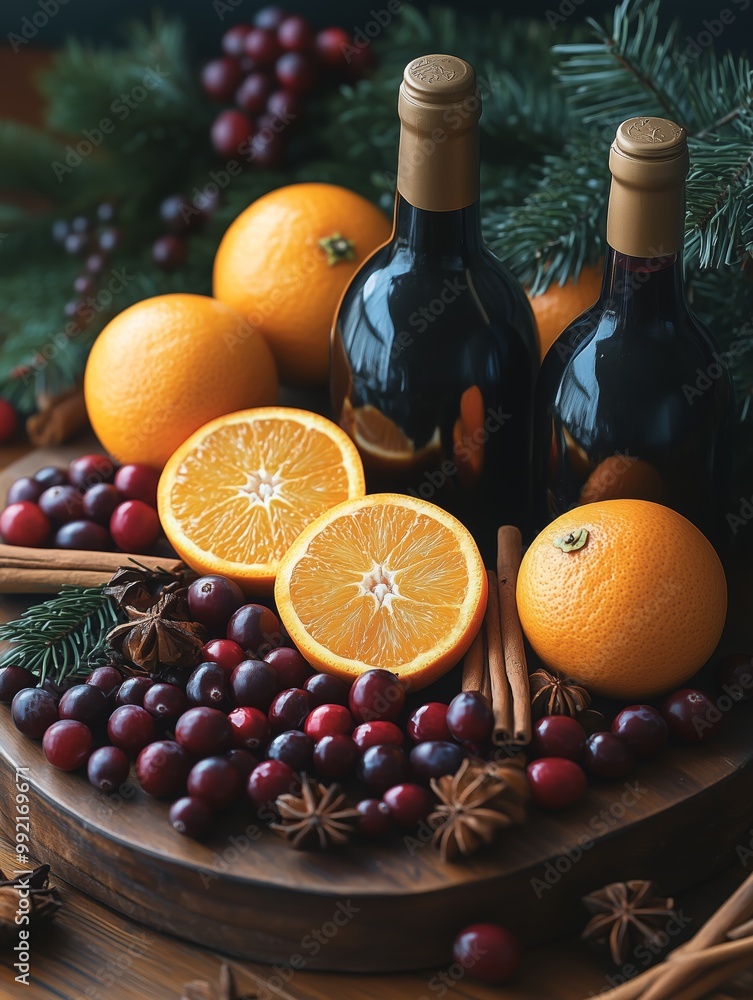 bottles of mulled wine with oranges, cranberries, and cinnamon sticks. bottles of mulled wine with oranges, cranberries, and cinnamon sticks.
