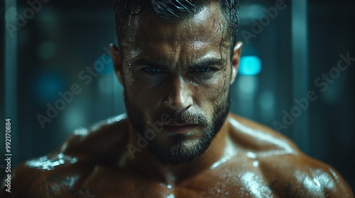 the Portrait of a strong, muscular man exercising in a gym, with a smart device concept integrated into the scene.