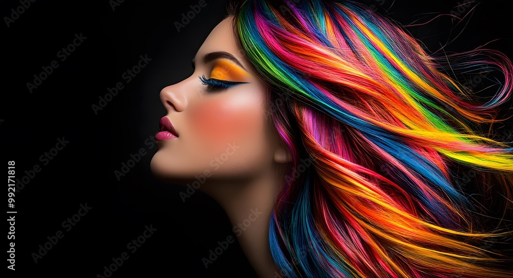 Young woman with multicolored hair and creative makeup and hairstyle. Young woman with multicolored hair and creative makeup and hairstyle.