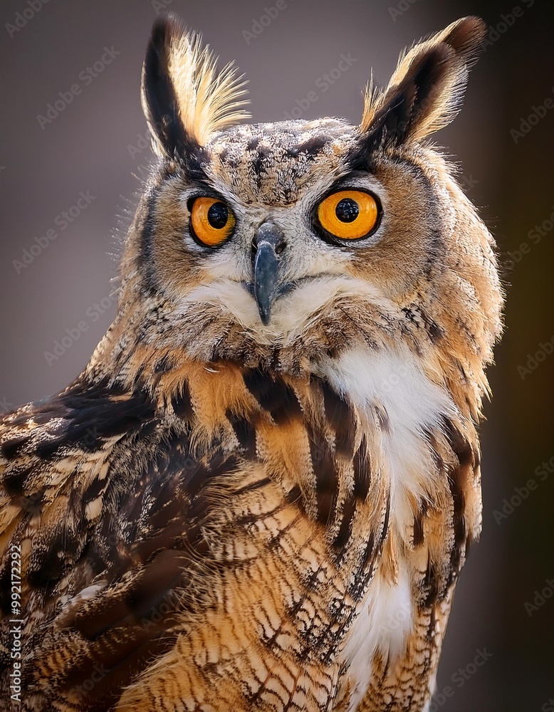 Isolated great horned owl with depth of field showcasing large tufts and striking eyes Isolated great horned owl with depth of field showcasing large tufts and striking eyes