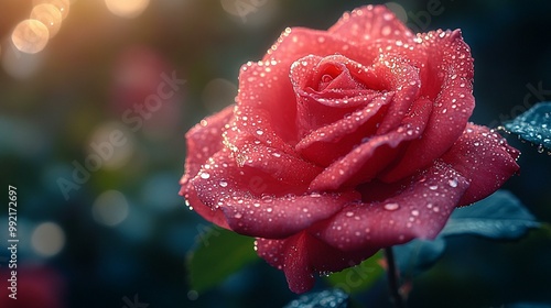 the Red rose flower with dew drops, capturing the freshness and elegance of the bloom in morning light. photo