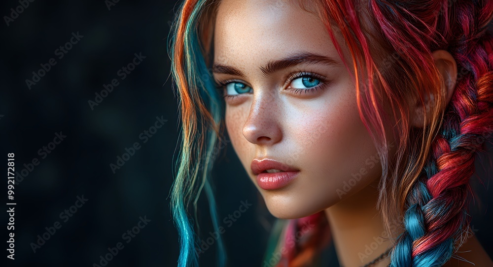 Fototapeta premium A portrait of a young woman with intricately braided hair dyed in a spectrum of colors, creating a striking visual against a dark background.
