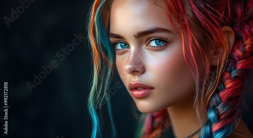 A portrait of a young woman with intricately braided hair dyed in a spectrum of colors, creating a striking visual against a dark background.