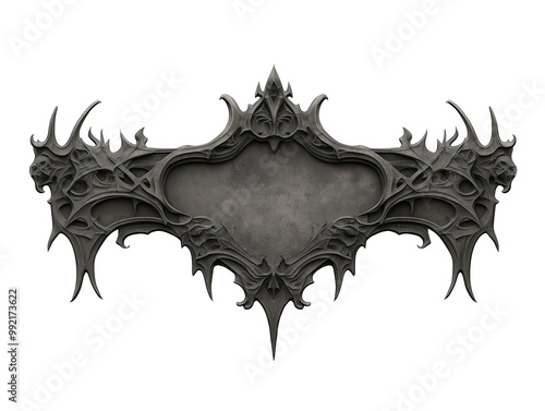 Gothic Style Ornate Metal Banner with Intricate Spiked Design on White Background