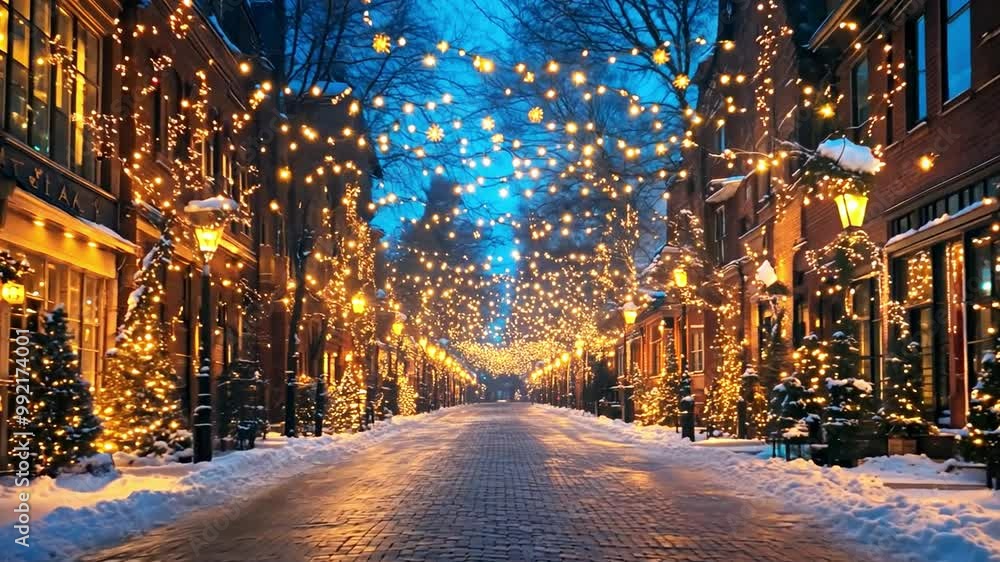 A picturesque street blanketed in snow, featuring warm glowing lights and festive decorations on trees, creating a magical winter atmosphere. A picturesque street blanketed in snow, featuring warm glowing lights and festive decorations on trees, creating a magical winter atmosphere.