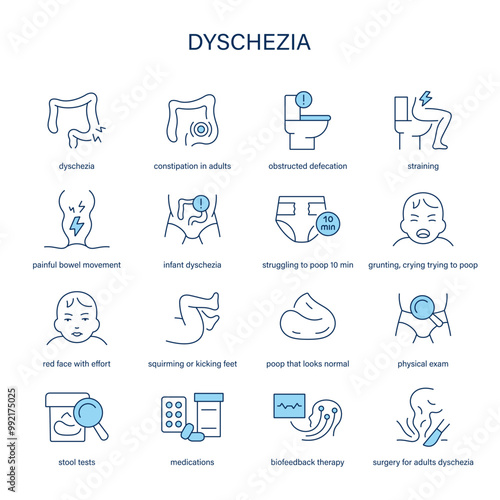 Dyschezia symptoms, diagnostic and treatment vector icon set. Medical icons.