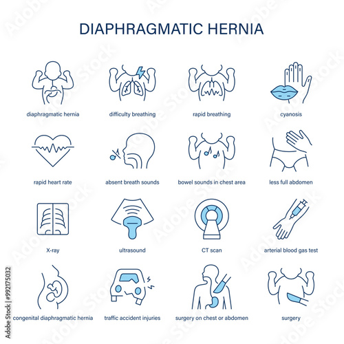 Diaphragmatic Hernia symptoms, diagnostic and treatment vector icon set. Medical icons.	