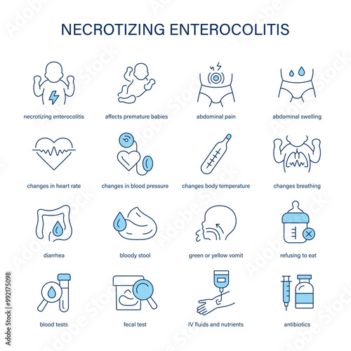 Necrotising Enterocolitis symptoms, diagnostic and treatment vector icon set. Medical icons.	 photo