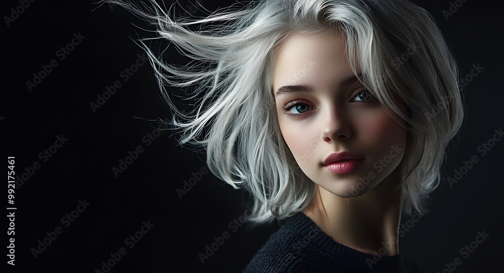 A mesmerizing portrait of a woman with flowing silver hair and a piercing gaze. A mesmerizing portrait of a woman with flowing silver hair and a piercing gaze.