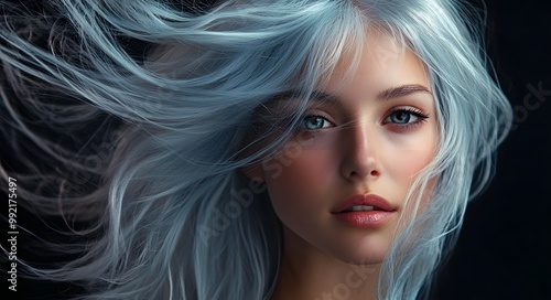 A portrait of a woman with icy blue hair flowing freely in the wind, creating a sense of movement and ethereal beauty.