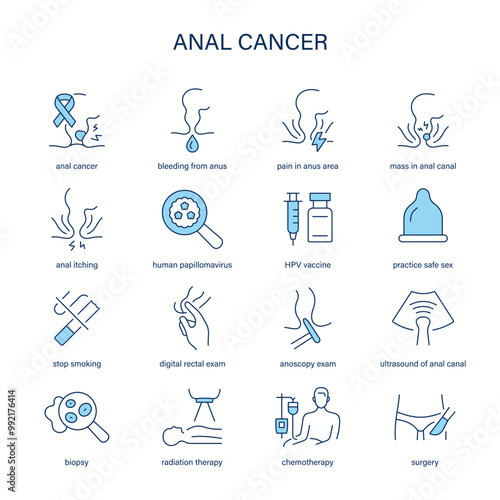 Anal Cancer symptoms, diagnostic and treatment vector icon set. Medical icons.	