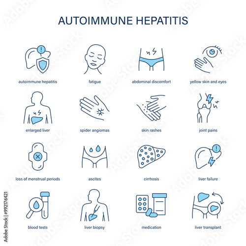 Autoimmune Hepatitis symptoms, diagnostic and treatment vector icon set. Medical icons.	