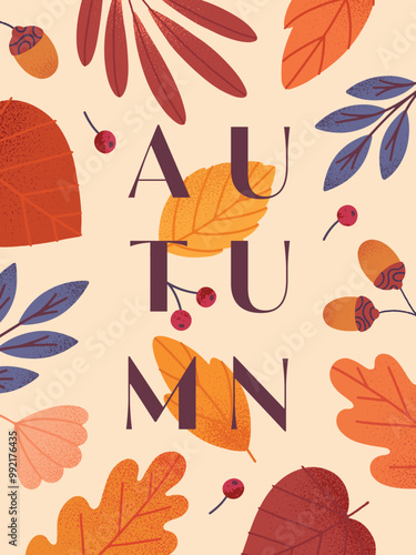 Autumn seasonal poster with leaves,acorns,berries and plants in fall colors.Vector modern illustration.Trendy autumn template for prints,ad,social media marketing,branding,packaging,covers.