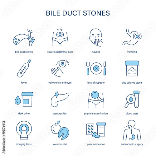 Bile Duct Stones symptoms, diagnostic and treatment vector icon set. Medical icons.	