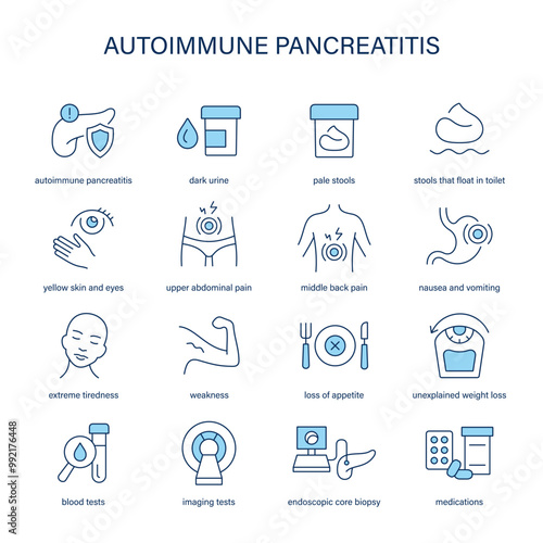 Autoimmune Pancreatitis symptoms, diagnostic and treatment vector icon set. Medical icons.	