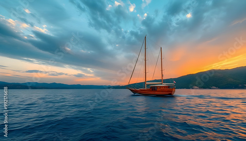 A landscape view of a Gullet boat in the southern coast of Turkey during sunset