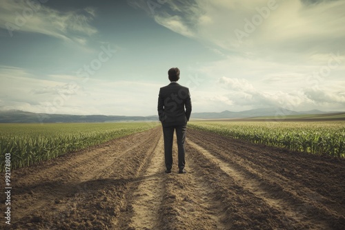 Businessman standing on dirt road between cultivated fields looking at horizon