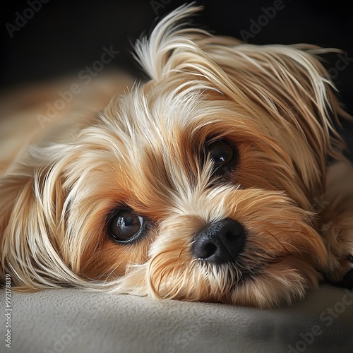 A Morkie dog lying down comfortably, with its fur blending harmoniously with a