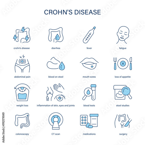 Crohn's Disease symptoms, diagnostic and treatment vector icon set. Medical icons.
