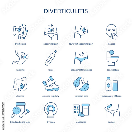 Diverticulitis symptoms, diagnostic and treatment vector icon set. Medical icons.	