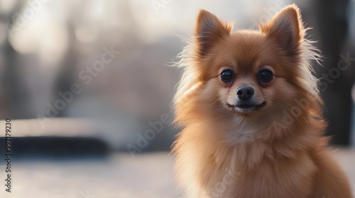 A small Pomchi dog sitting on a , showcasing its fluffy coat and bright eyes photo