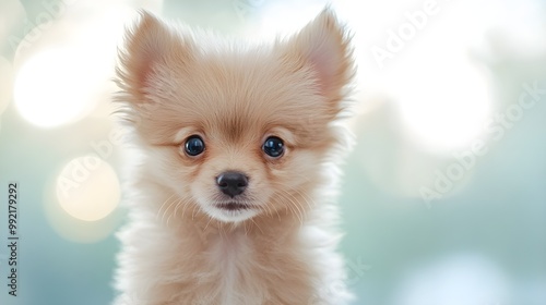 A playful Pomchi puppy with a curious expression, surrounded by a minimalistic light backdrop photo