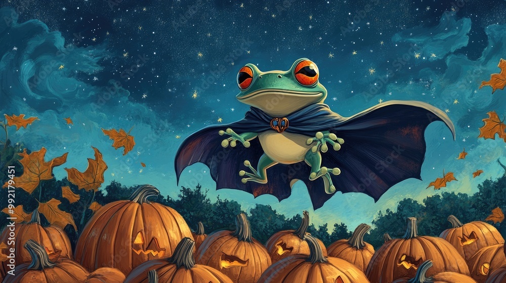 A joyful cartoon frog in a vampire cape, hopping through a pumpkin patch under a starry Halloween sky. A joyful cartoon frog in a vampire cape, hopping through a pumpkin patch under a starry Halloween sky.