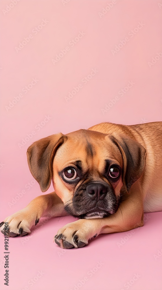 Obraz premium A Puggle dog lying comfortably on a pastel solid color background, emphasizing its smooth coat and adorable features