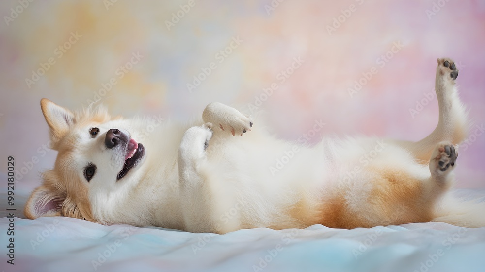 A playful Shepherd Chow dog lying on its back, with its paws in the air, against a soft pastel backdrop A playful Shepherd Chow dog lying on its back, with its paws in the air, against a soft pastel backdrop