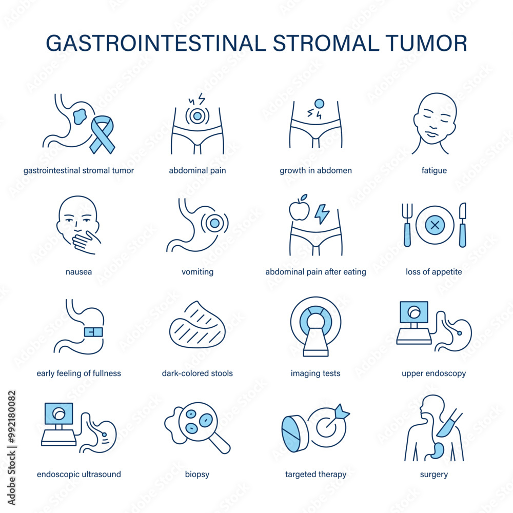 Gastrointestinal Stromal Tumor symptoms, diagnostic and treatment vector icon set. Medical icons. Gastrointestinal Stromal Tumor symptoms, diagnostic and treatment vector icon set. Medical icons.
