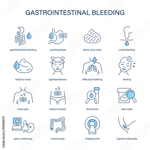 Gastrointestinal Bleeding symptoms, diagnostic and treatment vector icon set. Medical icons.	