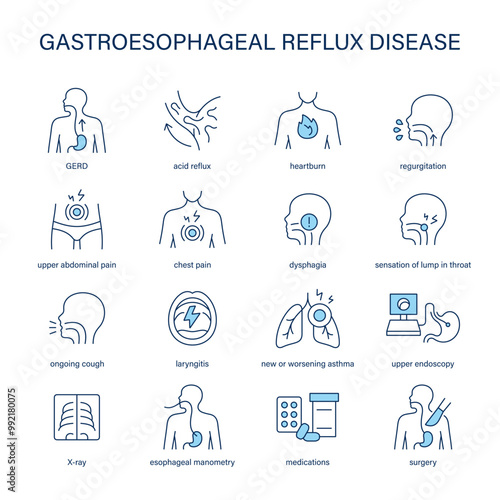 GERD, Gastroesophageal Reflux Disease symptoms, diagnostic and treatment vector icon set. Medical icons.	