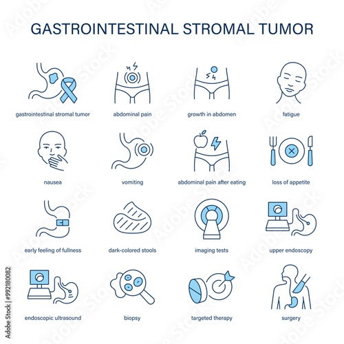 Gastrointestinal Stromal Tumor symptoms, diagnostic and treatment vector icon set. Medical icons.	