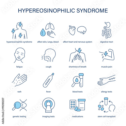 Hypereosinophilic Syndrome symptoms, diagnostic and treatment vector icon set. Medical icons.	