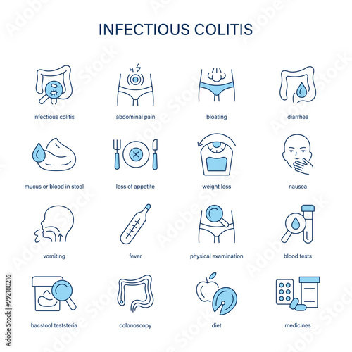 Infectious Colitis symptoms, diagnostic and treatment vector icon set. Medical icons.	