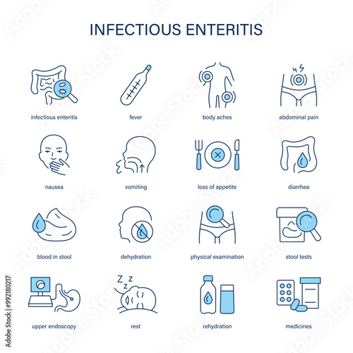 Infectious Enteritis symptoms, diagnostic and treatment vector icon set. Medical icons.	