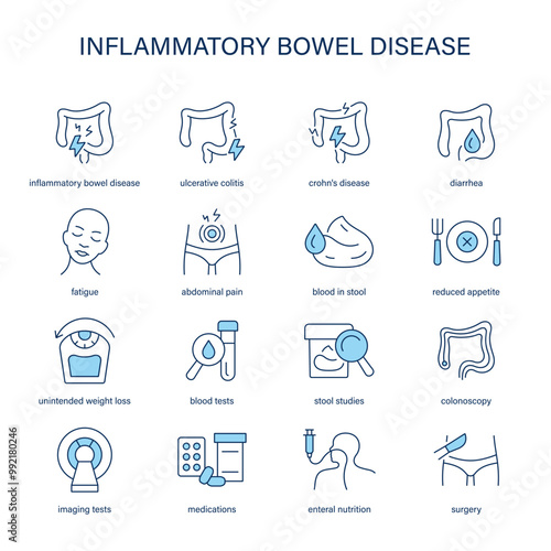 Inflammatory Bowel Disease symptoms, diagnostic and treatment vector icon set. Medical icons.	