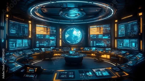 Fototapeta Naklejka Na Ścianę i Meble -  A futuristic circular control room filled with high-tech screens displaying global data, analysts monitoring in real-time, soft blue light illuminating the space