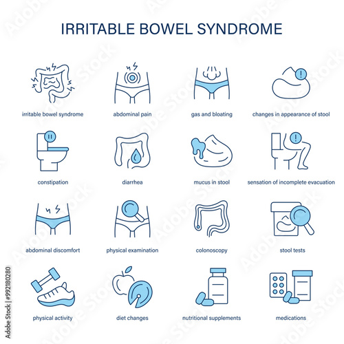 Irritable Bowel Syndrome symptoms, diagnostic and treatment vector icon set. Medical icons.	
