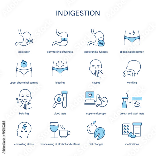 Indigestion symptoms, diagnostic and treatment vector icon set. Medical icons.	