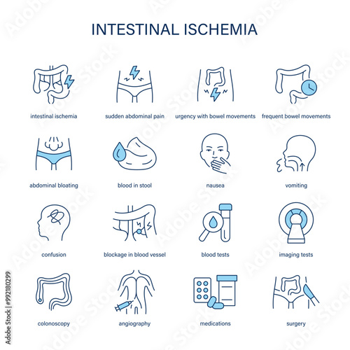 Intestinal Ischemia symptoms, diagnostic and treatment vector icon set. Medical icons.	